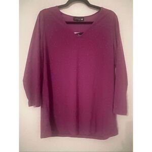 Antthony Original Plum Purple Sparkle V-Neck Top 3/4 Sleeve Rhinestone Blouse NE